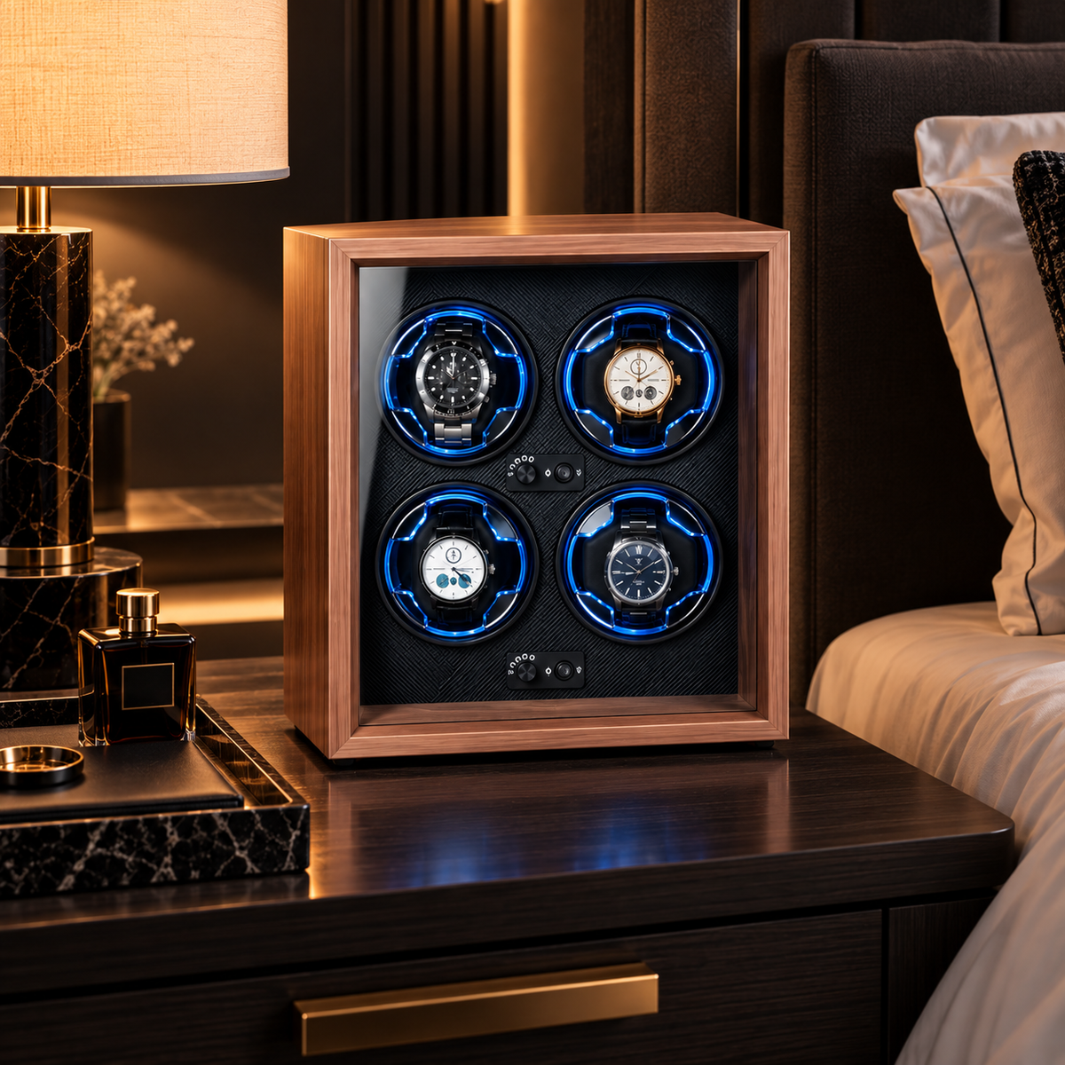 Vertical Quad Automatic Watch Winder Box - Space-Saving Wood