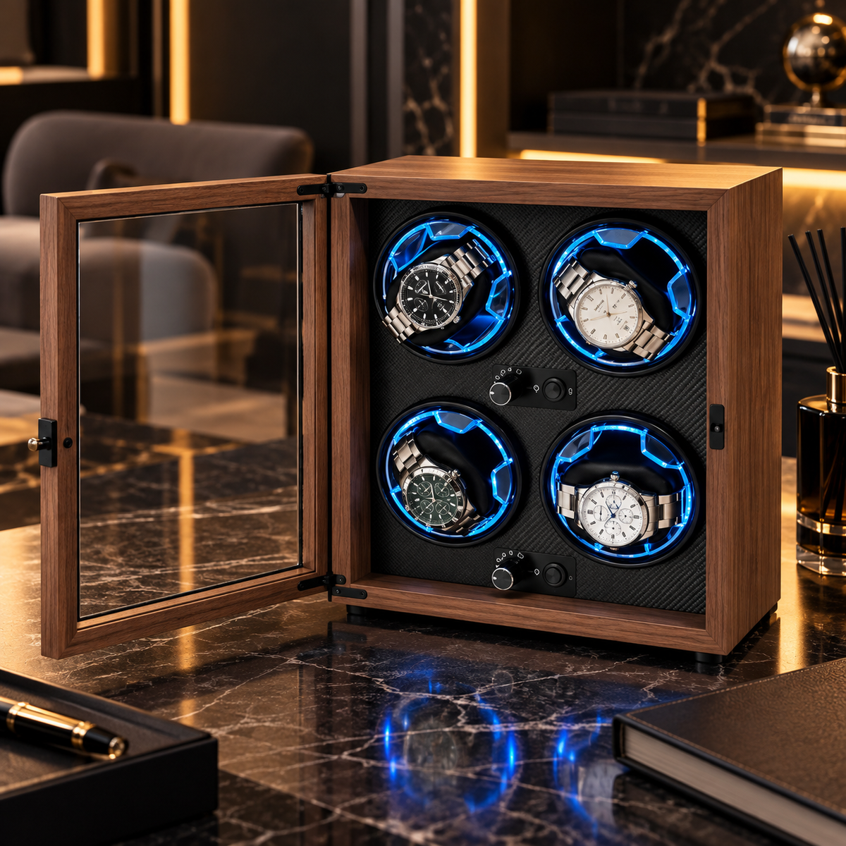 Vertical Quad Automatic Watch Winder Box - Space-Saving Wood