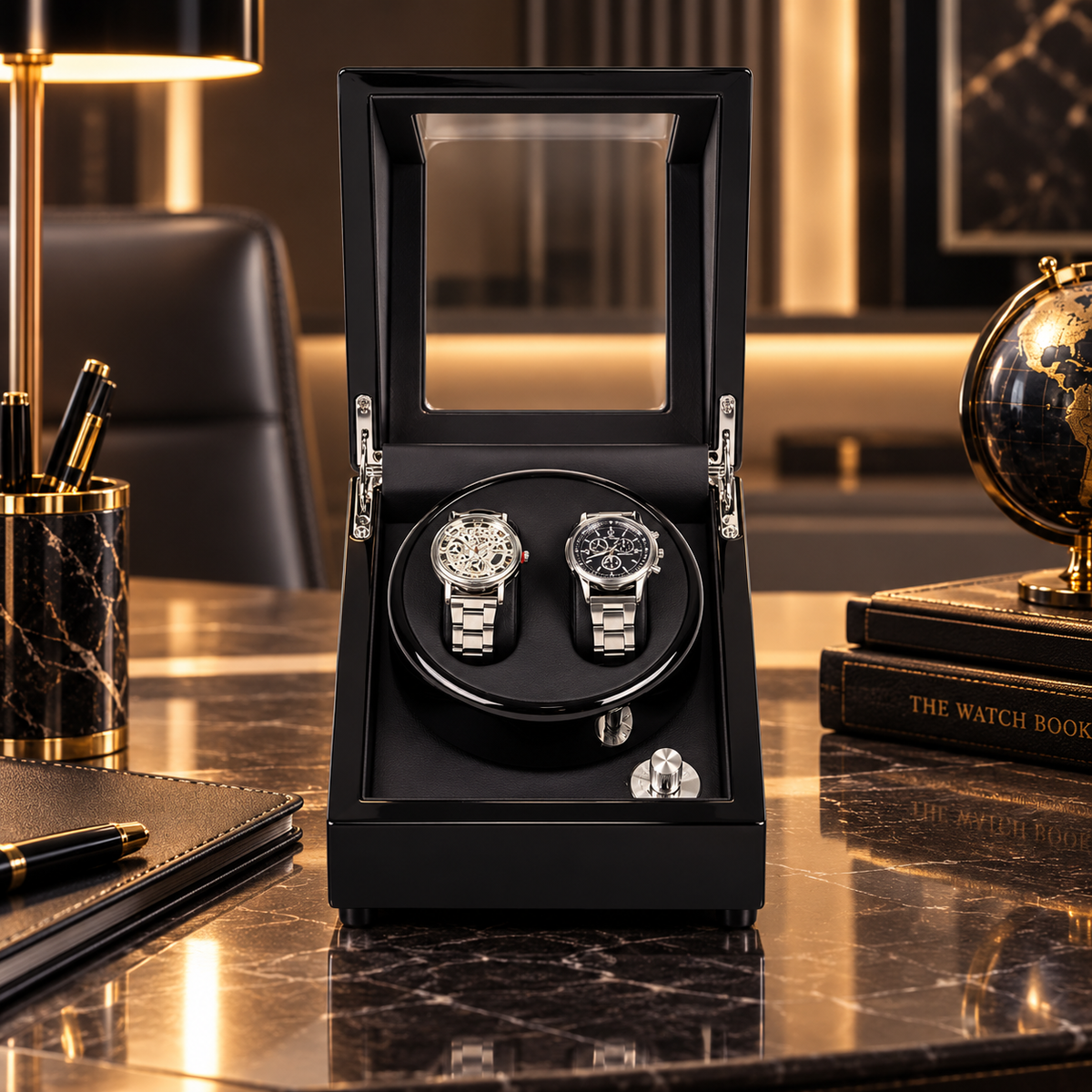 Automatic watch winder 2 slots - Silent black automatic watch box with bidirectional rotation