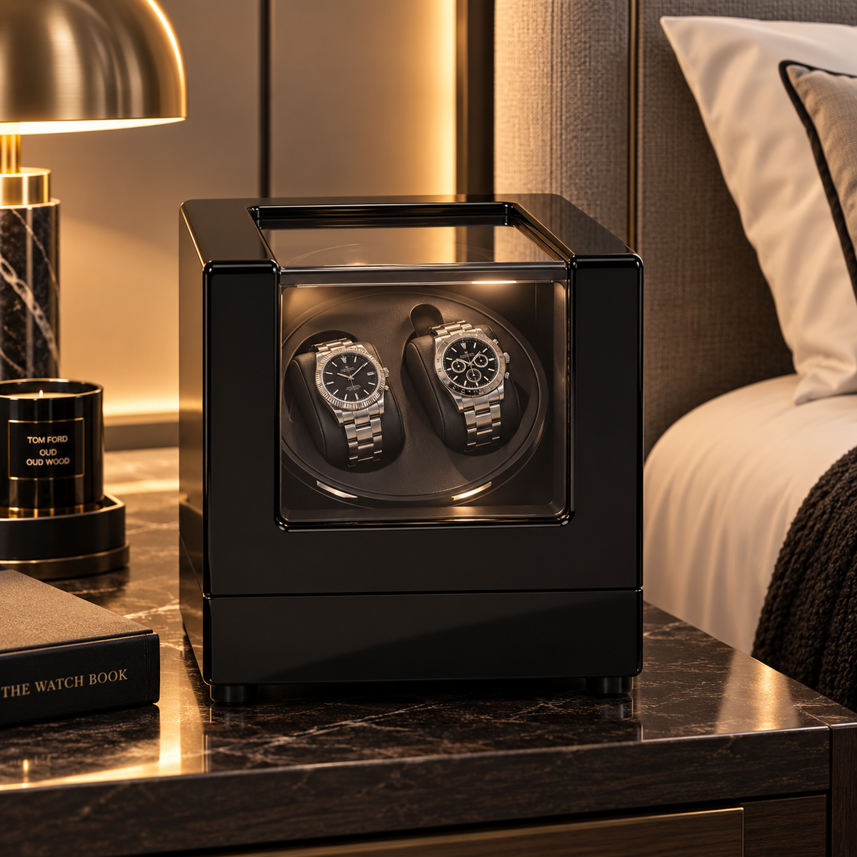 Automatic watch winder 2 slots - Silent black automatic watch box with bidirectional rotation