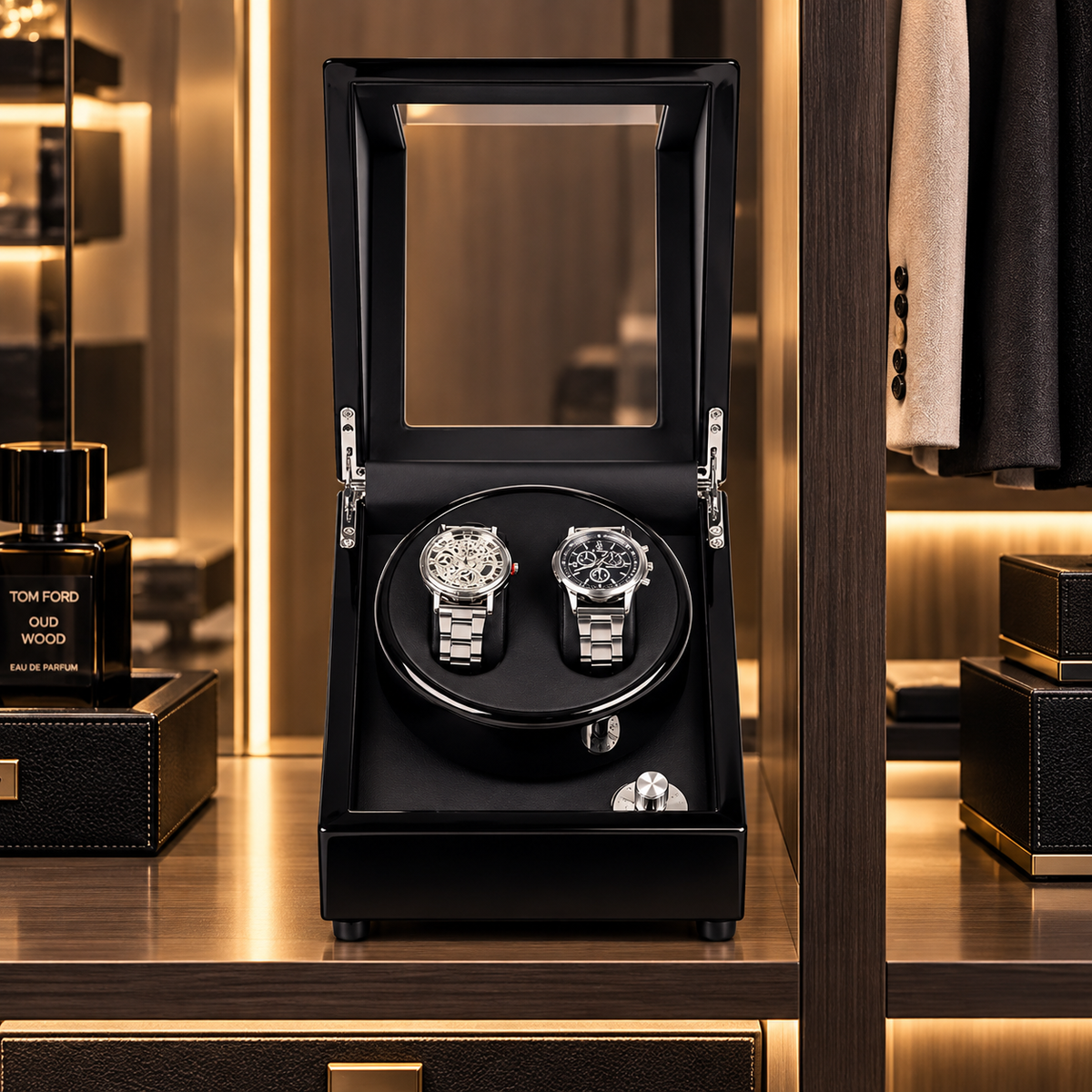 Automatic watch winder 2 slots - Silent black automatic watch box with bidirectional rotation