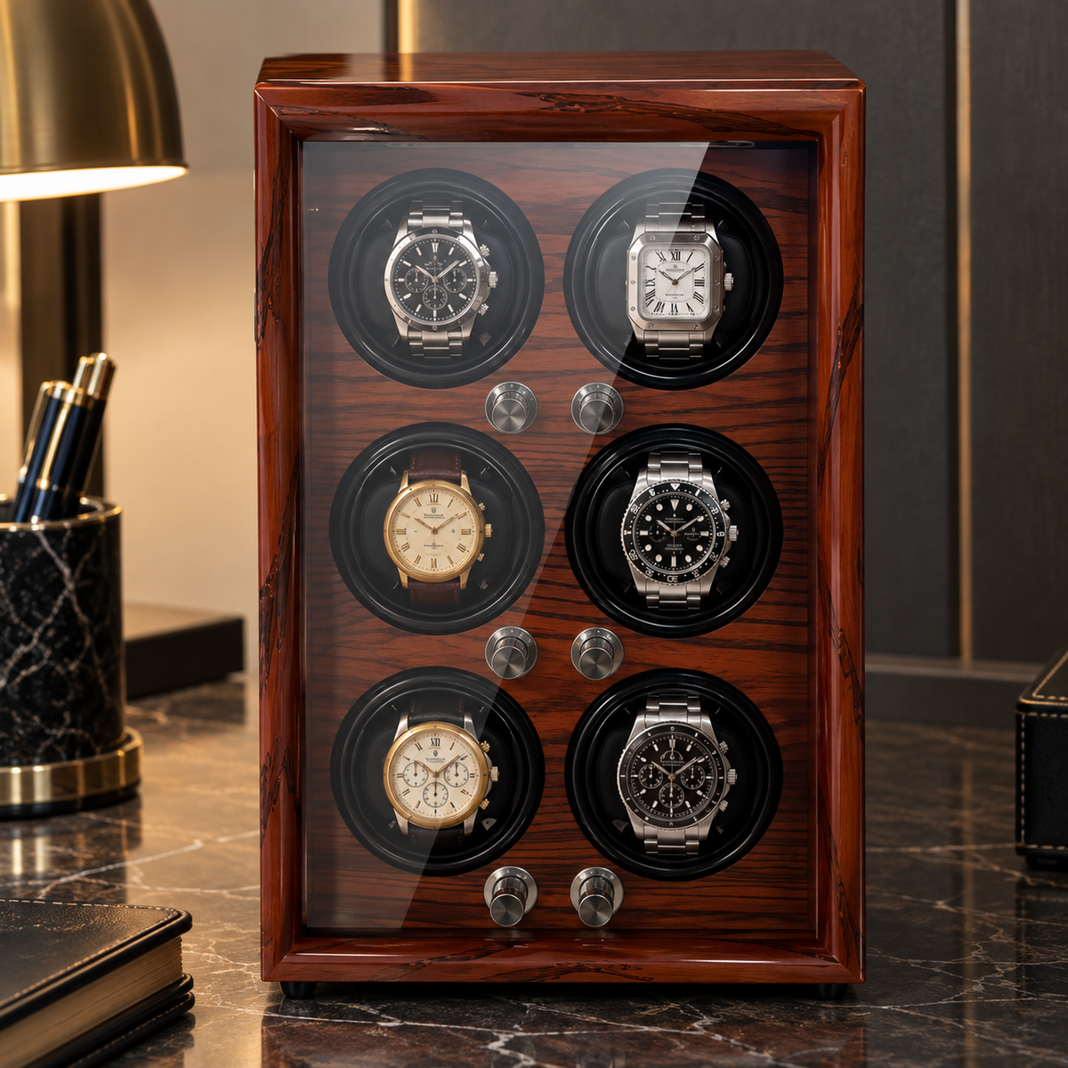 Automatic Watch Winder 6 Watches - Walnut Wood - Silent