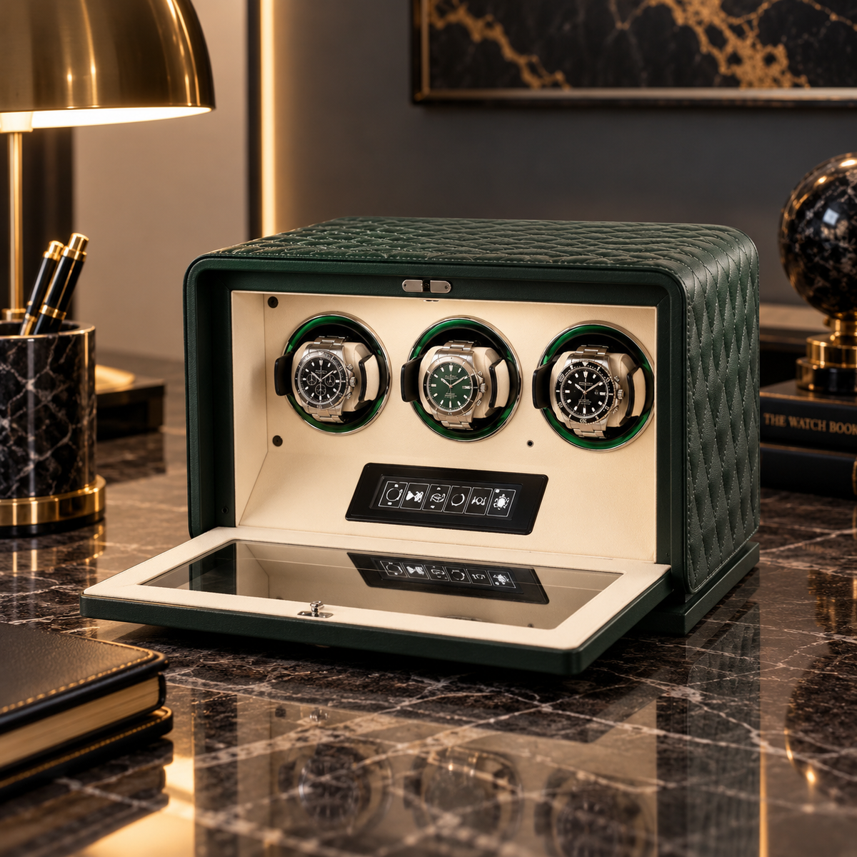 Automatic Watch Winder for 3 Watches – Green Leather – Silent