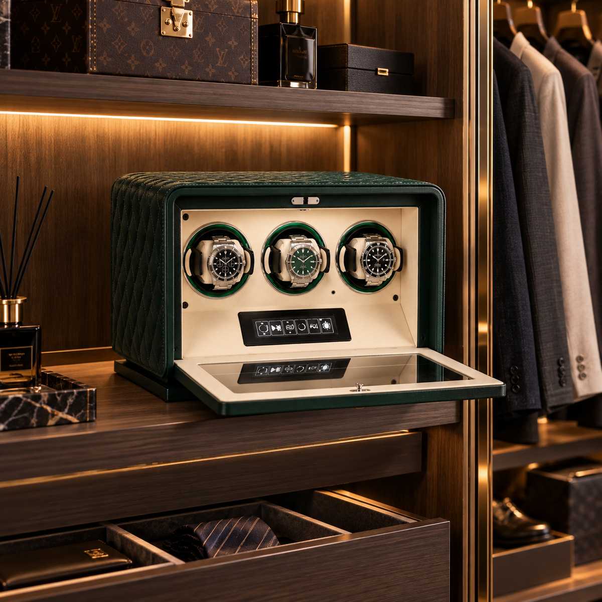 Automatic Watch Winder for 3 Watches – Green Leather – Silent