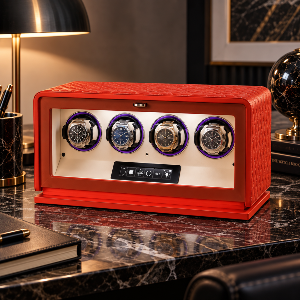 Automatic Watch Winder for 4 Watches – Orange Leather – Silent