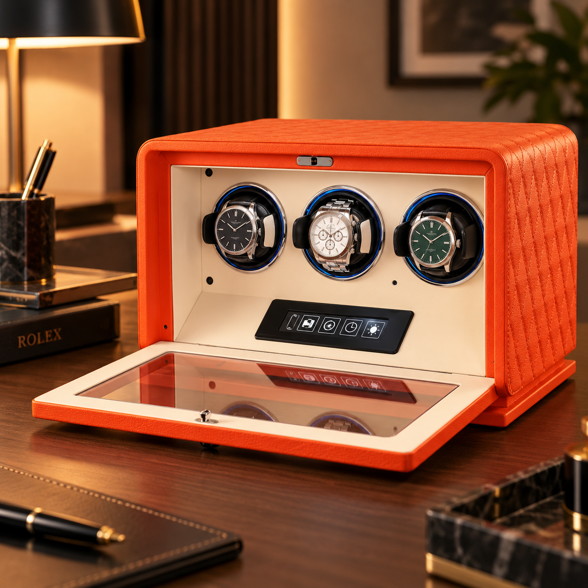 Automatic Watch Winder for 3 Watches – Orange Leather – Silent