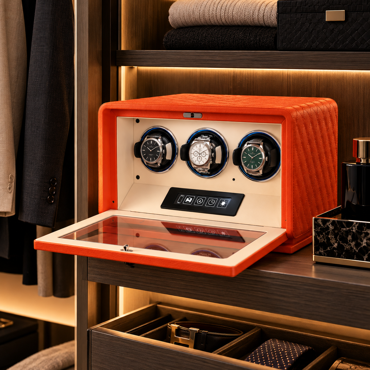 Automatic Watch Winder for 3 Watches – Orange Leather – Silent