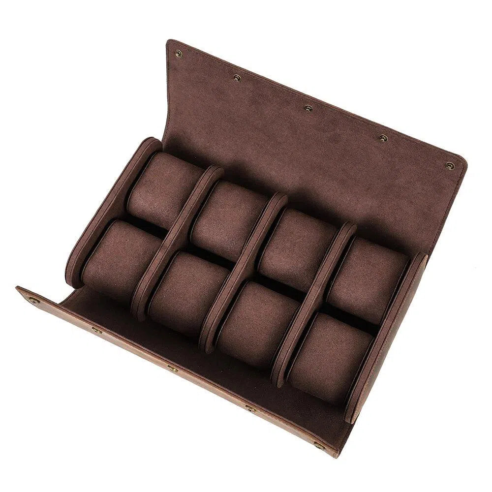 Uhrenrolle Leder für 6 bis 8 Uhren – Vintage Uhrenetui aus echtem Rindsleder & Wildleder-Futter – Handgefertigte Reisetasche Braun