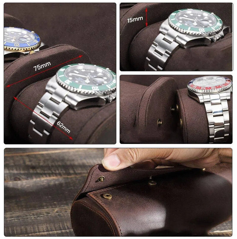 Uhrenrolle Leder für 6 bis 8 Uhren – Vintage Uhrenetui aus echtem Rindsleder & Wildleder-Futter – Handgefertigte Reisetasche Braun