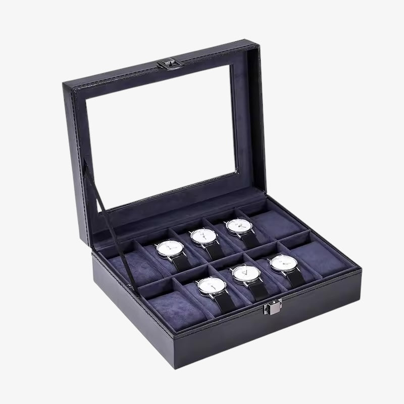 Men's Blue Leather Watch Box - Luxury Case for 6 to 12 Watches - Elegant Automatic Watch Storage