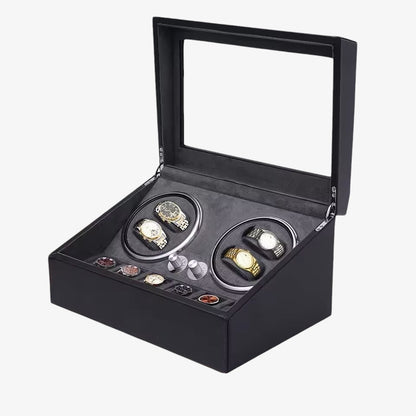 Black Automatic Watch Winder - Rotating Case for 4 Watches + 6 Storage Slots - Silent Luxury Watch Winder