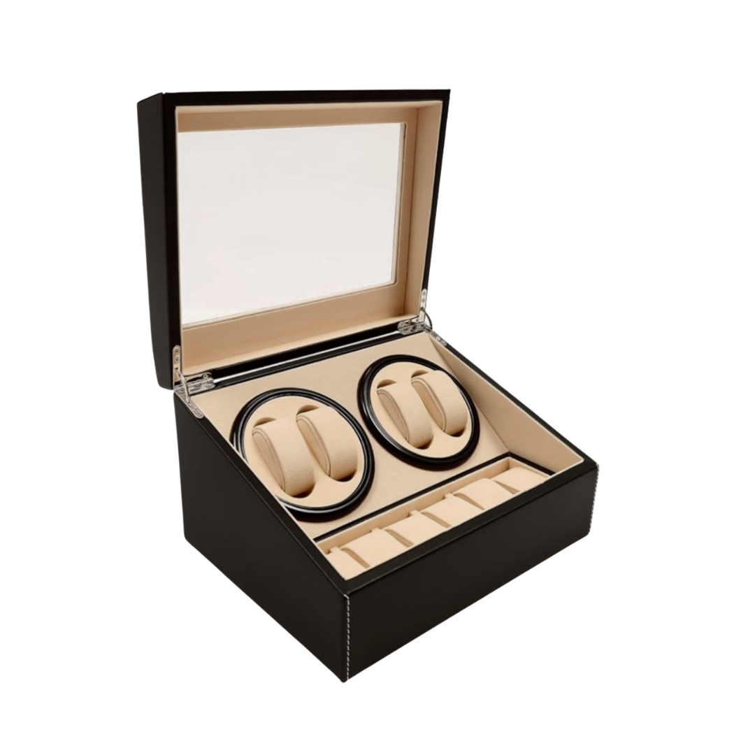 Remontoir Montre Automatique 4 Montres – Cuir Noir – Silencieux