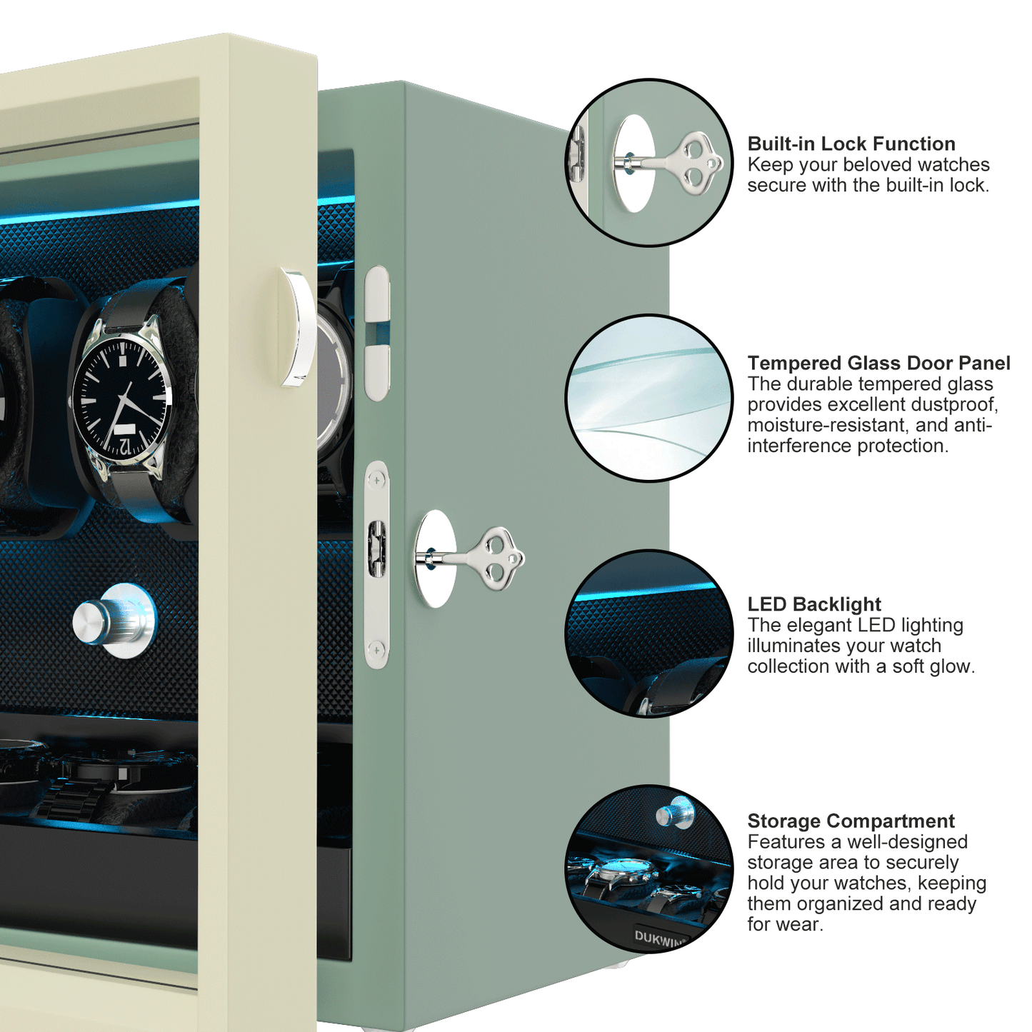 Automatik Uhrenbeweger Horizon 4 + 4 Uhren – Flüsterleise, Seidengrün Matt 