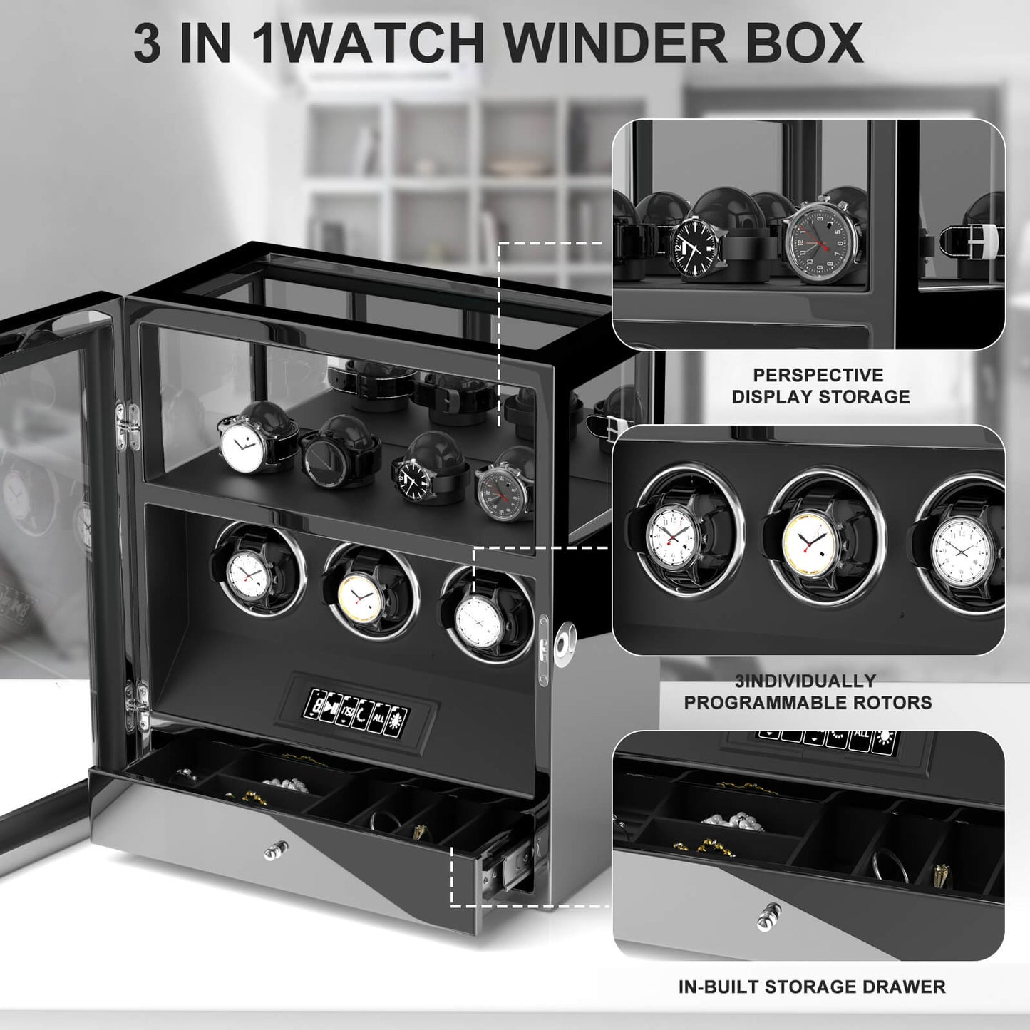 Uhrenbeweger 3 Uhren mit Fingerabdruck-Sperre und LCD-Touchscreen – Obsidian Schwarz