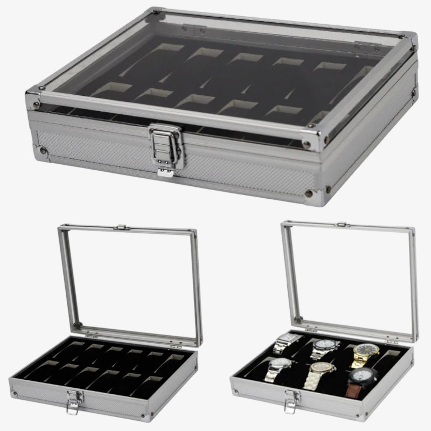 Brushed aluminum watch box - Shockproof storage case 6 to 12 slots - Automatic and quartz watch case