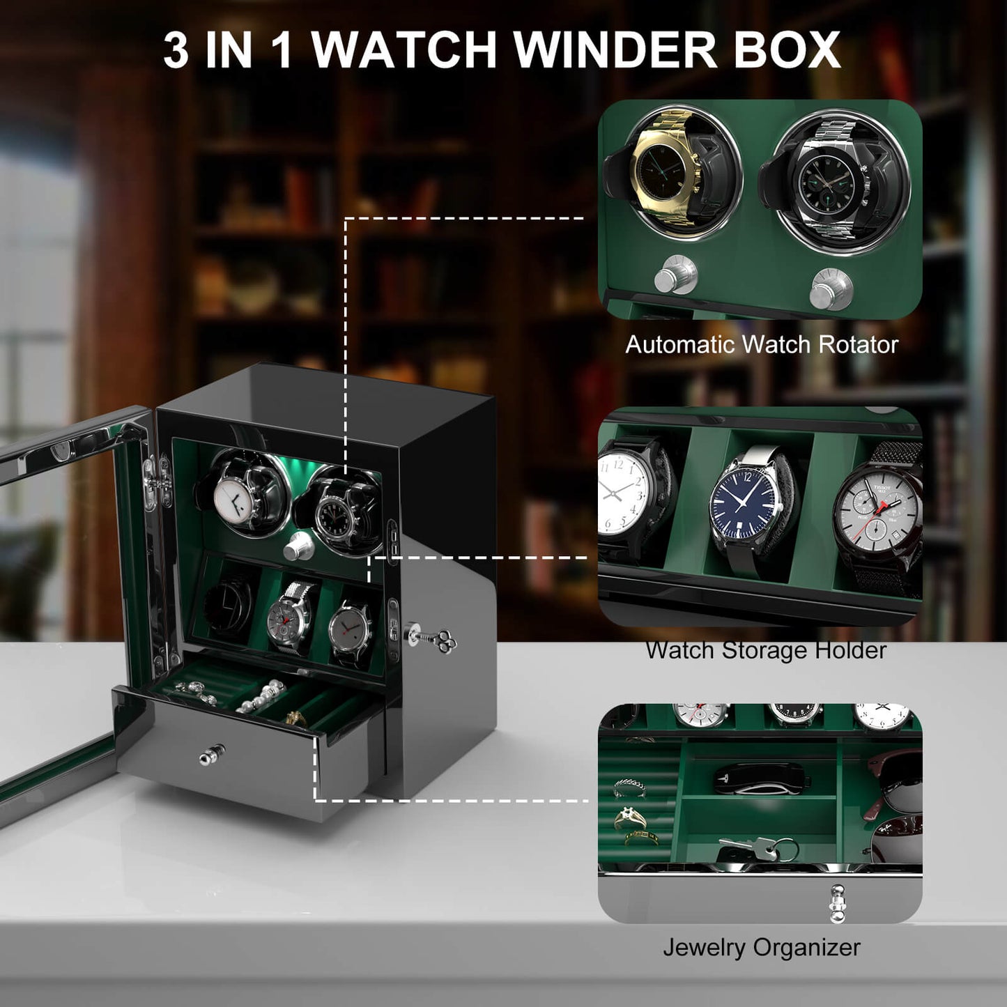 Uhrenbeweger 2 Uhren mit Display für 3 weitere Automatikuhren – Imperial Grün