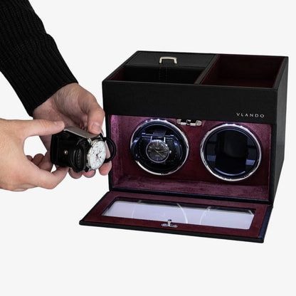 Remontoir montre automatique 2 slots - Coffret rotatif de luxe pour 2 montres - Remontoir montre silencieux en cuir