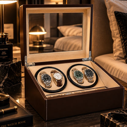 Remontoir Montre Automatique 4 Montres – Cuir Noir – Silencieux