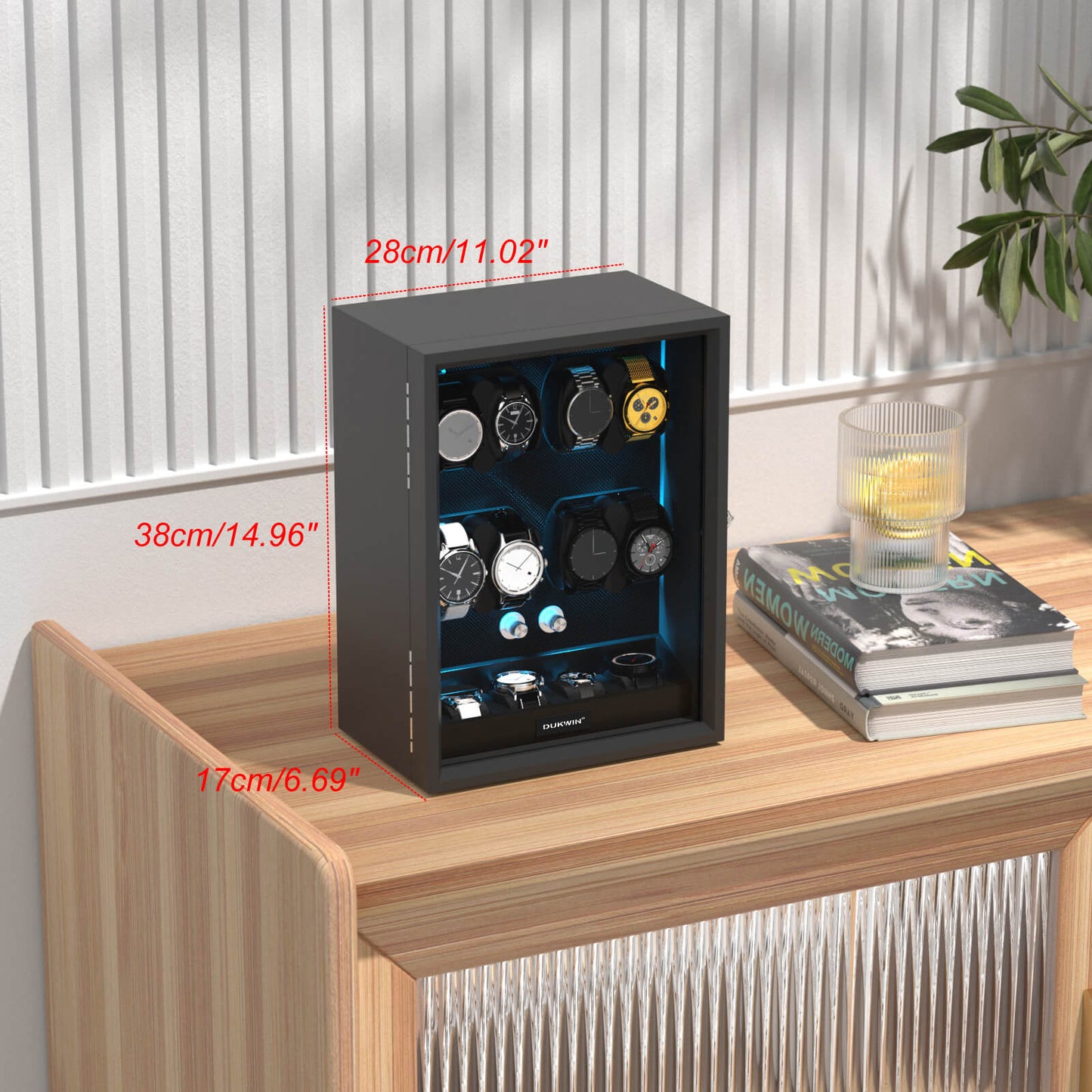 Automatik Uhrenbeweger 8+4 Uhren - Extrem Leiser Premium Holz Uhrenbeweger mit LED für alle Automatikuhren (Schwarz)