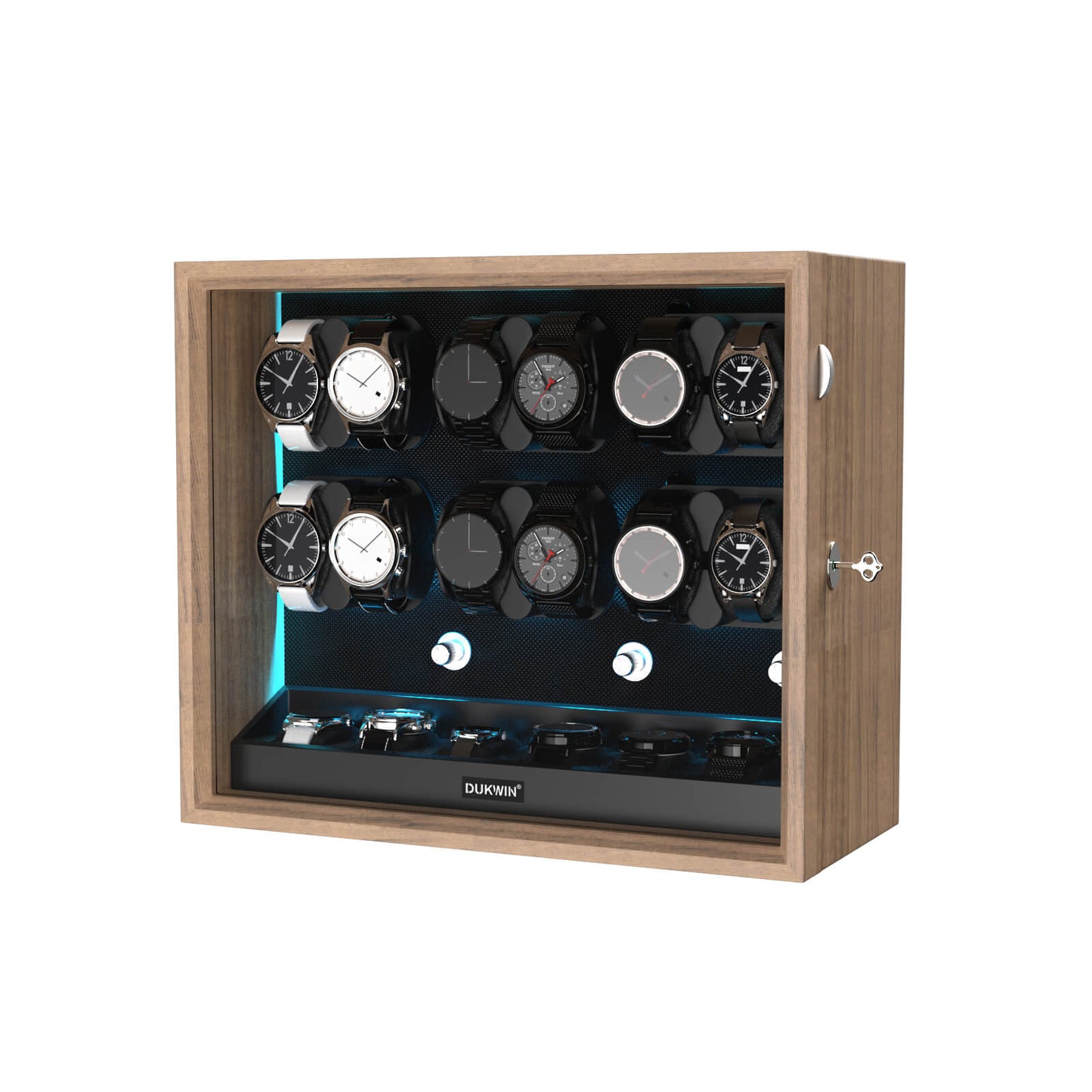 Großer Automatik Uhrenbeweger 12 Uhren (+6 Aufbewahrung) - Leiser Premium Uhrenbeweger für Rolex, Holzoptik mit LED