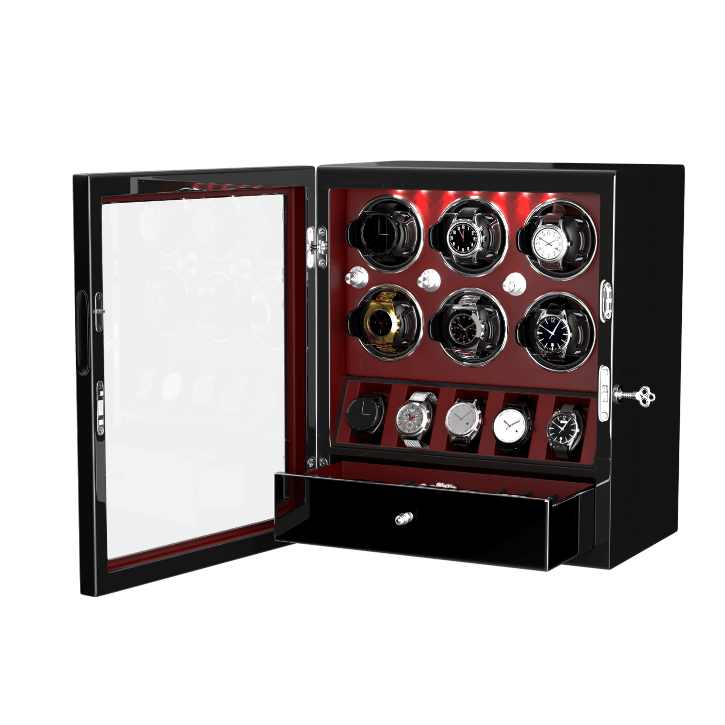 Uhrenbeweger 6 Uhren mit Display für 5 weitere Automatikuhren – Burl Rot Kollektion