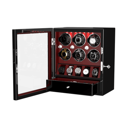 Uhrenbeweger 6 Uhren mit Display für 5 weitere Automatikuhren – Burl Rot Kollektion