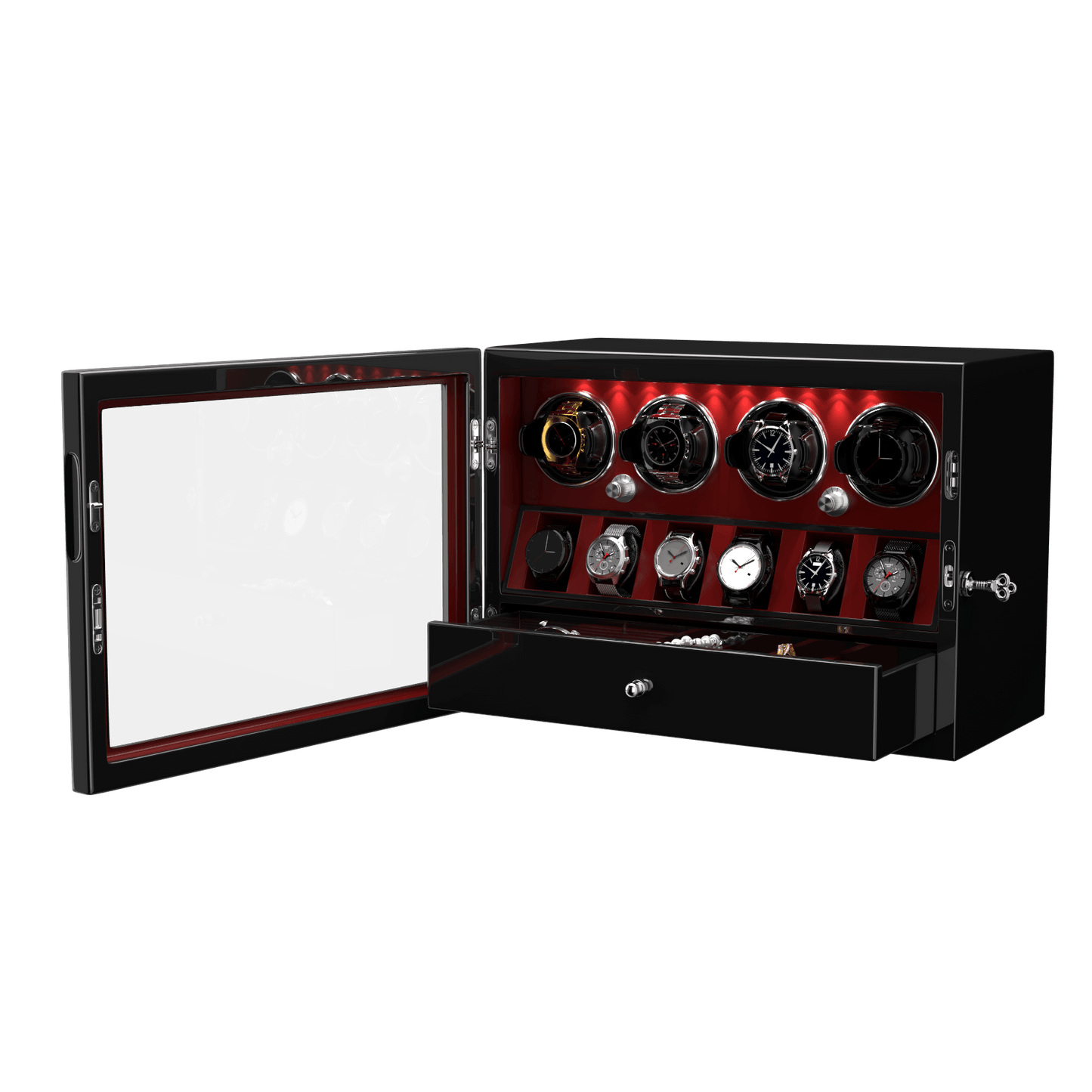 Uhrenbeweger 4 Uhren mit Display für 6 weitere Automatikuhren – Burl Rot Kollektion