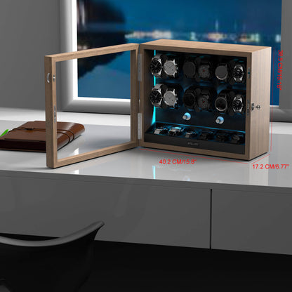 Großer Automatik Uhrenbeweger 12 Uhren (+6 Aufbewahrung) - Leiser Premium Uhrenbeweger für Rolex, Holzoptik mit LED