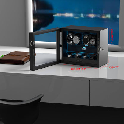 Automatik Uhrenbeweger Horizon 4 + 4 Uhren – Flüsterleise, Ebenholz-Schwarz 