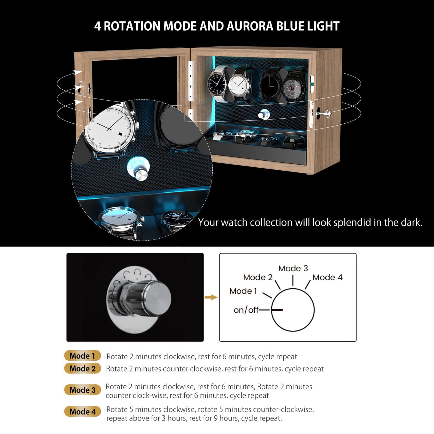 Uhrenbeweger aus Holz mit Maserung (4+4) – Aurora Blau Kollektion