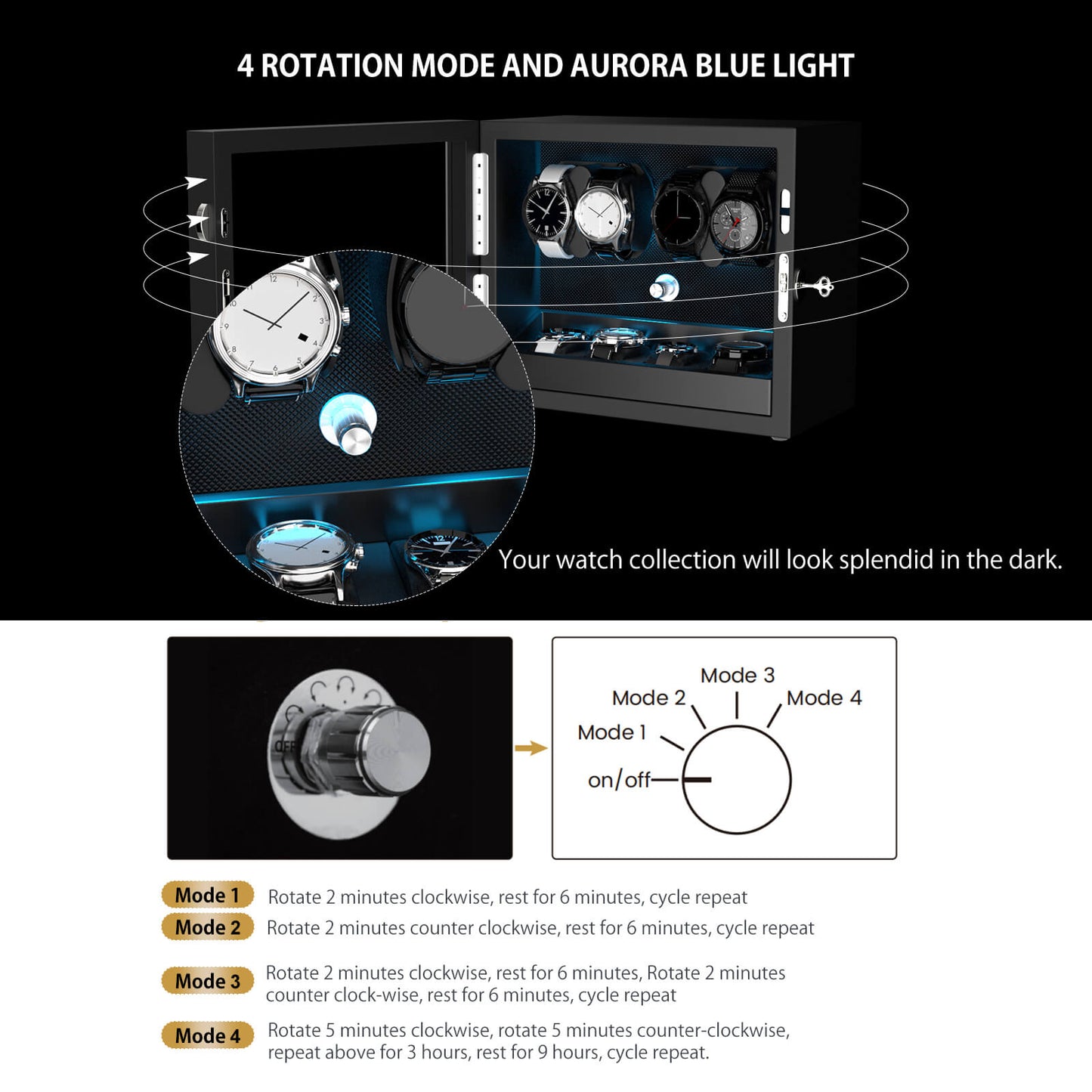 Automatik Uhrenbeweger Horizon 4 + 4 Uhren – Flüsterleise, Ebenholz-Schwarz 