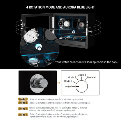Automatik Uhrenbeweger Horizon 4 + 4 Uhren – Flüsterleise, Ebenholz-Schwarz 