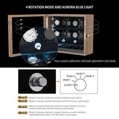 Großer Automatik Uhrenbeweger 12 Uhren (+6 Aufbewahrung) - Leiser Premium Uhrenbeweger für Rolex, Holzoptik mit LED