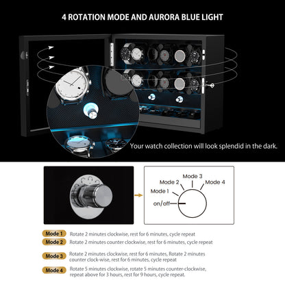 Großer Automatik Uhrenbeweger 12 Uhren (+6 Aufbewahrung) - Leiser Premium Uhrenbeweger für Rolex, Holz Schwarz mit LED