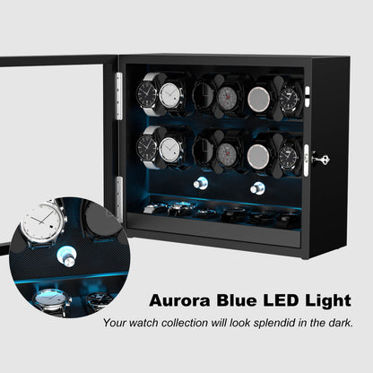 Großer Automatik Uhrenbeweger 12 Uhren (+6 Aufbewahrung) - Leiser Premium Uhrenbeweger für Rolex, Holz Schwarz mit LED