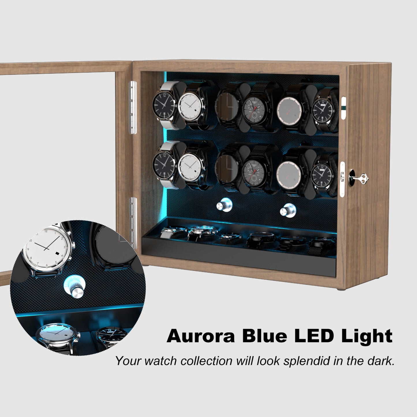 Großer Automatik Uhrenbeweger 12 Uhren (+6 Aufbewahrung) - Leiser Premium Uhrenbeweger für Rolex, Holzoptik mit LED