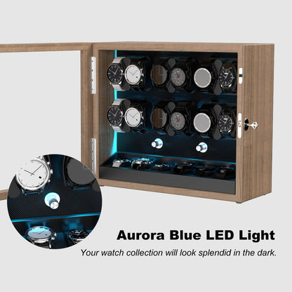 Großer Automatik Uhrenbeweger 12 Uhren (+6 Aufbewahrung) - Leiser Premium Uhrenbeweger für Rolex, Holzoptik mit LED