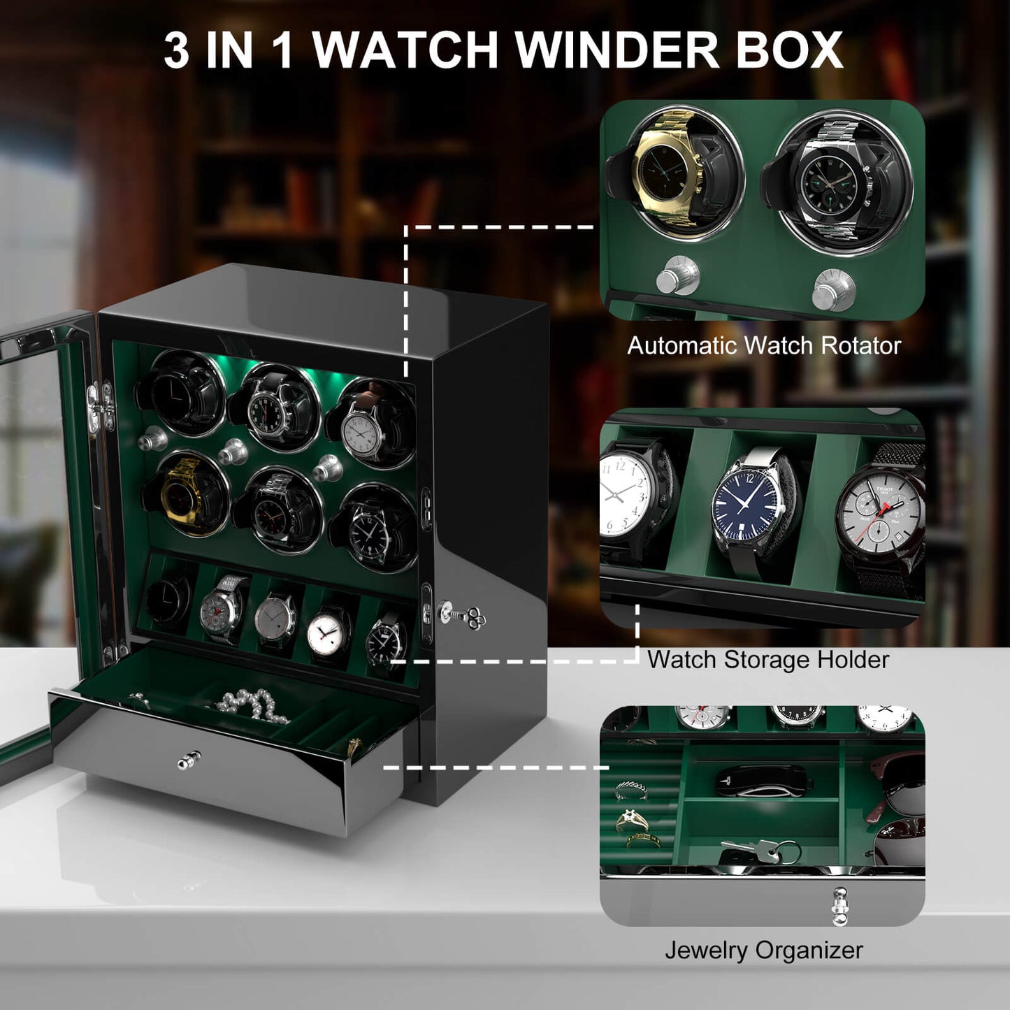 Uhrenbeweger 6 Uhren mit Display für 5 weitere Automatikuhren – Imperial Grün Kollektion